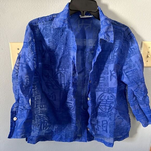 Chico's Design Linen Nylon Button Down Printed Collar Top Size 0 Large - Picture 1 of 8